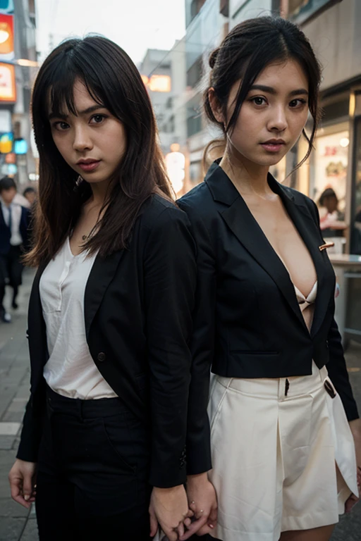 (((One girl,alone))),(Highly realistic photos, High resolution, Detailed face, Beautiful Eyes) Japanese women, 21 years old, Cute face, alone:1, Nice body, Plump figure, Medium chest, Narrow waist,Hairstyle, Very closely tied, Take a photo book,Thighs、Dark Sky、darkness、Blade Runner,shirt、walk