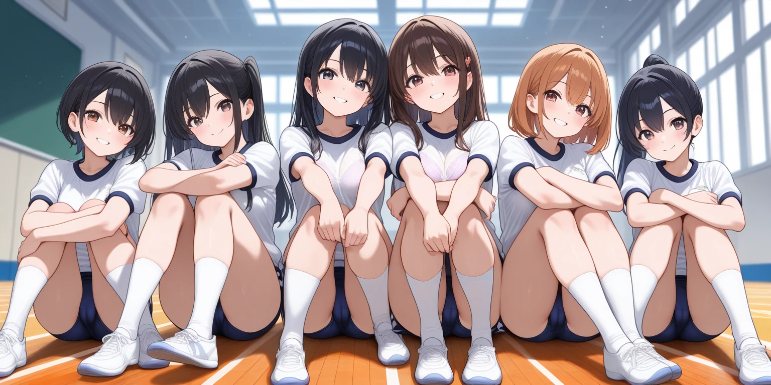 (masterpiece:1.2, best quality), (highly detailed:1.3), school locker room, multiple girls, 5girls, five girls, , long legs, (white panties and bra), posing for camera, smile, sneakers, (changing clothes), chatting, talking, bright, warm, seductive posture