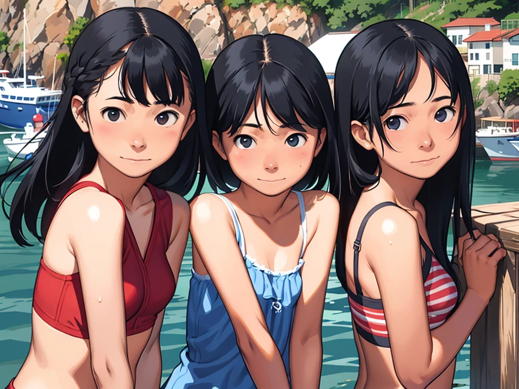 beach、School swimsuit、Sunburn、Tan Skin、Embarrassed、1 girl、Navy blue school swimwear、blunt bangs、Black Hair、super fine illustration,(((beautiful fine hair))),(((beautiful fine face))),(((beautiful fine background))),Midsummer、beachBlack Hair、blunt bangs、Cross-eyed
