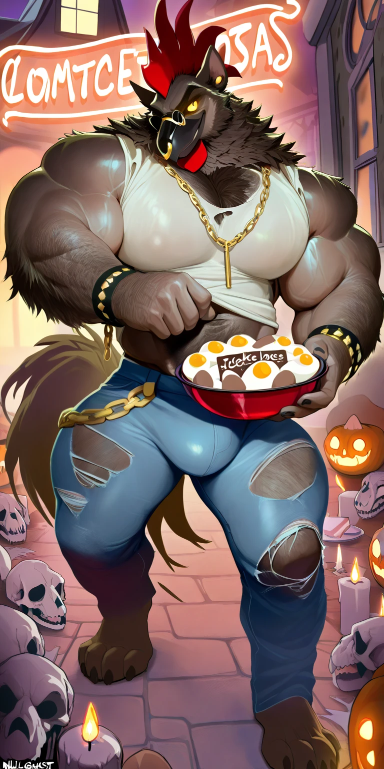 Solo, Anthro, male (((Rottweiler, muscular, abs, brown fur, black body, black hair, brown snout, brown tipped hair, dreadlocks over eyes, dreadlocks, hair over eyes, white thong, huge bulge))) standing, panting, tongue out, holding donut, chocolate donut, detailed donut, detailed fingers ((focus chocolate donut, focus donut, focus holding donut, focus brown snout)) full body, perfect anatomy, by darkgem, by mystikfox61, by glitter trap boy