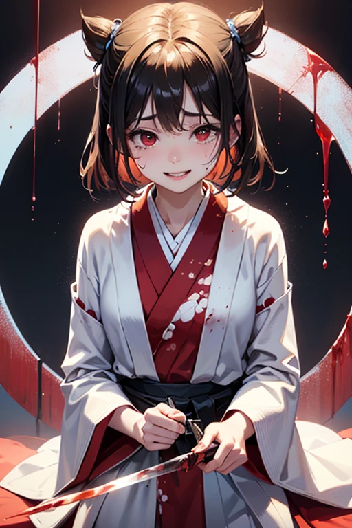 1girl, bangs, blood, blood on clothes, blood on face, eyeliner, horns, japanese clothes, kimono, lam-style, looking at viewer, makeup, obi, oni, oni horns, sash, short hair, skin-covered horns, snow, snowing, solo, white background, white kimono