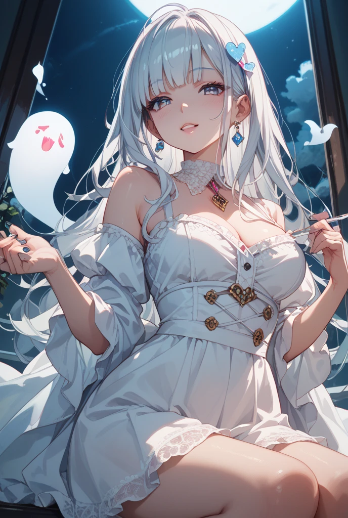 Alisa Mikhailovna Kujo、Glowing Eyes、Smooth skin、The best smile、Angel、Clothes are white dresses、One Girl、Wicked Smile、Devilish、Touching hair with left hand、Thin and beautiful fingers、Wearing a large straw hat
