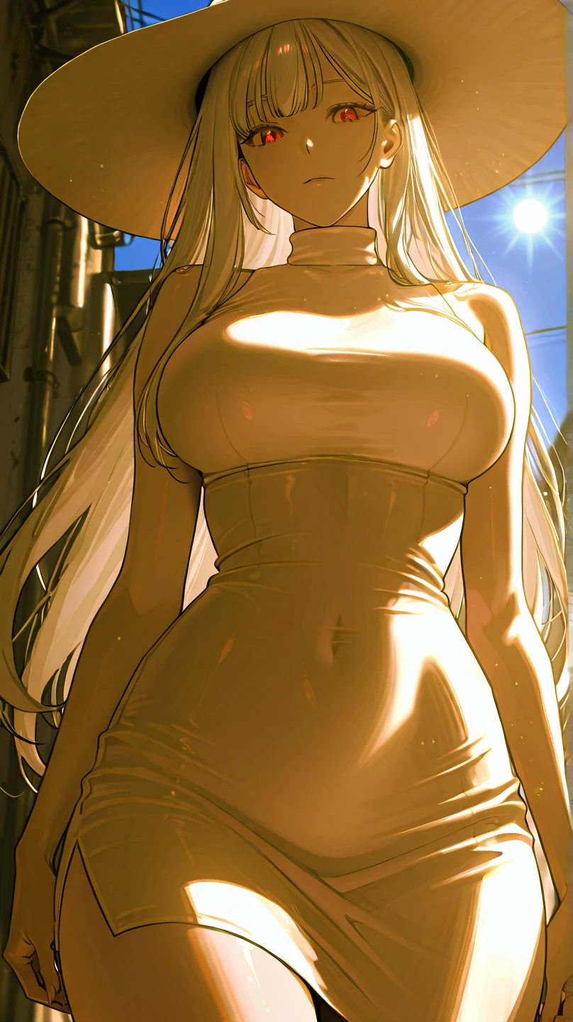 kaori saeki, parted bangs high ponytail, blond hair, purple eyes, white sleeveless turtleneck black pencil skirt,
jewelry, hands on chest,see-through, looking at viewer, hair ornament, choker, shy,
(huge breasts:1.2, upper body, from below, cameltoe, white panties, lift skirt,)
(masterpiece, top quality, best quality, official art, beautiful and aesthetic:1.2), (1 girl), extreme detailed, colorful, highest detailed,
city,street, leaning, wall, sun, cloud,