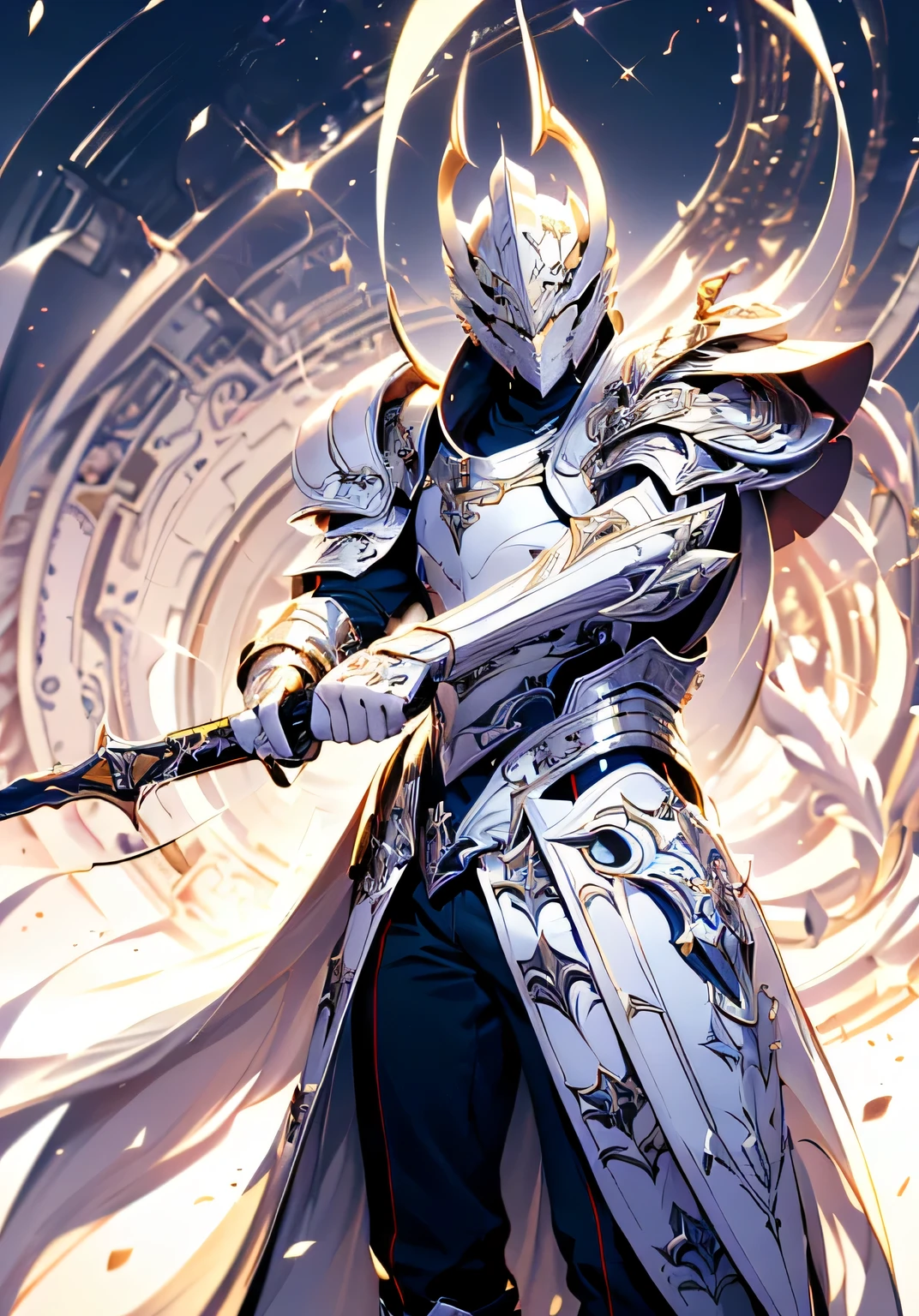 (absurdres, highres, ultra detailed), masterpiece, best quality, a boy in a white jacket, holding a sword, solo, handsome, short hair, white hair, detailed face, combat stance, attack pose, wielding sword pose, abstract background, swirl, spark, magic vortex, (((perfect helmet))), (((perfect body armour))), (((lighting:1.5))), ((hyperrealistic:1.5)), ((((midjourney5.1 : 1.5))))
