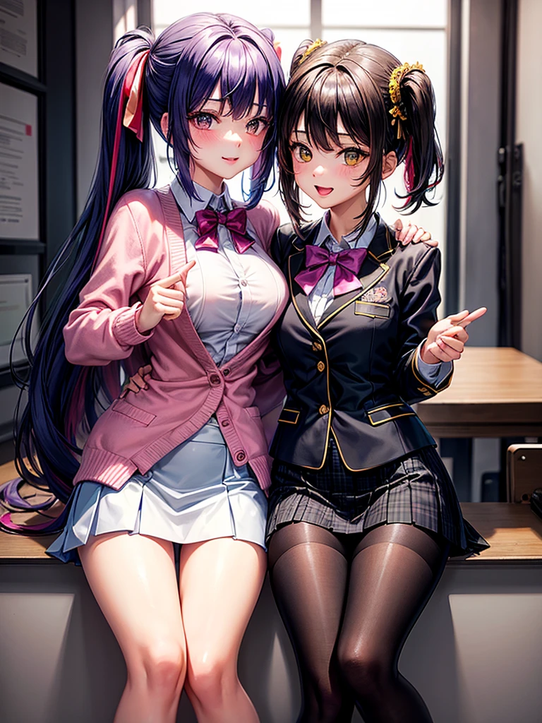 (best quality,8K,high school girl,zippered track jacket,smiling,gravure idol,Model,beautiful girl,down,The room,Adult, hair,alluring Multiple girls are depicted,uniform,cardigan,blazer,Ribbon on uniform,girl,masterpiece,highest masterpiece,long hair,perfect face,big bust,cleavage,erotic cute,sexy girl),Angelic cute girl,Naughty Girls,Too beautiful girl,Future Fashion,Cutting-edge fashion,Model,Full body image,perfection,Colorful,Girls Fashion,perfection,Colorful,3There are 2 girls depicted