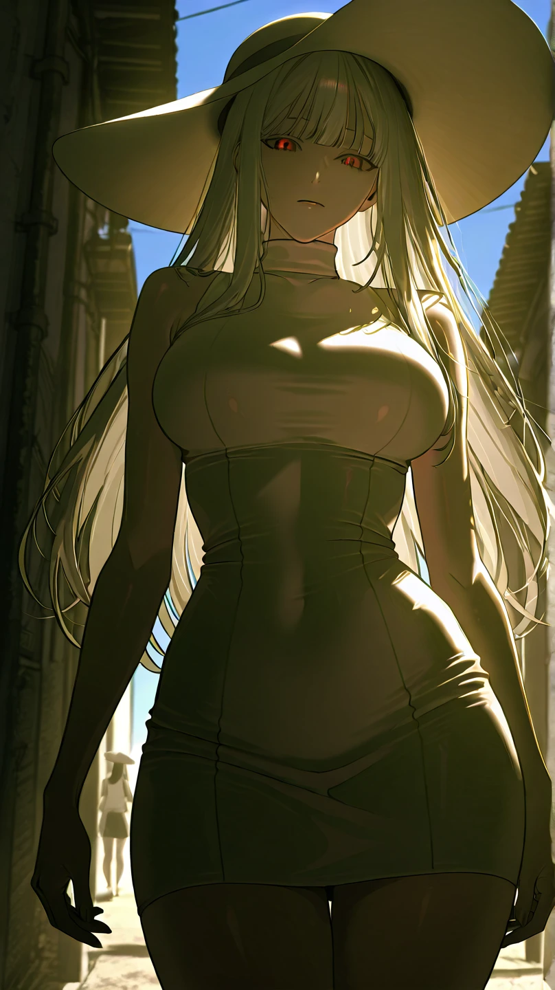 (((solo,1woman, mature, alone))), YukiTsukumo, ((dark blonde hair, long hair, two tufts of hair in front of each side of her face, glowing brown eyes, wide eyes, makeup, narrow waist, skinny, medium breasts)), pelvic curtain, ((black t-shirt, black panties)), full body, perfect body, (insanely detailed, beautiful detailed face, masterpiece, best quality), (extremely detailed 8k paper CG wall unit: 1.1), (Beautiful outdoor, outdoors, rooftop, dusk), (smile face for the viewer), cameltoe view, cameltoe