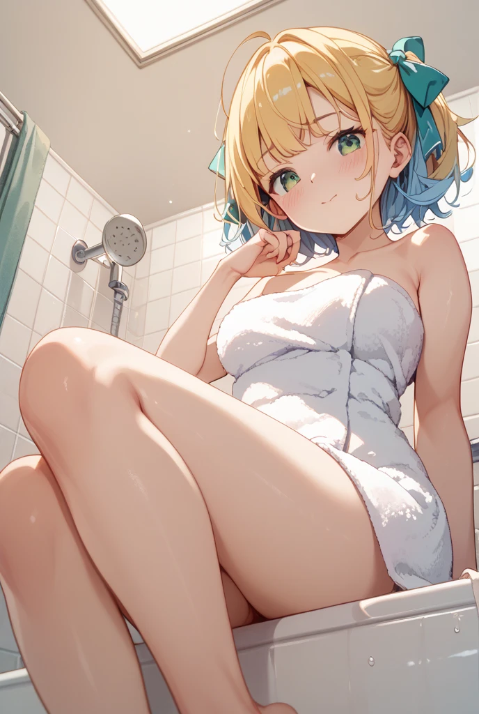 1girl in, (Chiquita:1.2), Kaho Hyuga, a blond, Hair buns,
(Best Quality, hight resolution, 4K, Detailed Lighting, Shaders, perfect anatomia, depth of fields, NSFW:1.3),
(grabbing on breasts, Focus),
(Naked with soap:1.3),
Smile, blush, open mouth,
Looking at Viewer,
Bathroom, Pink background,