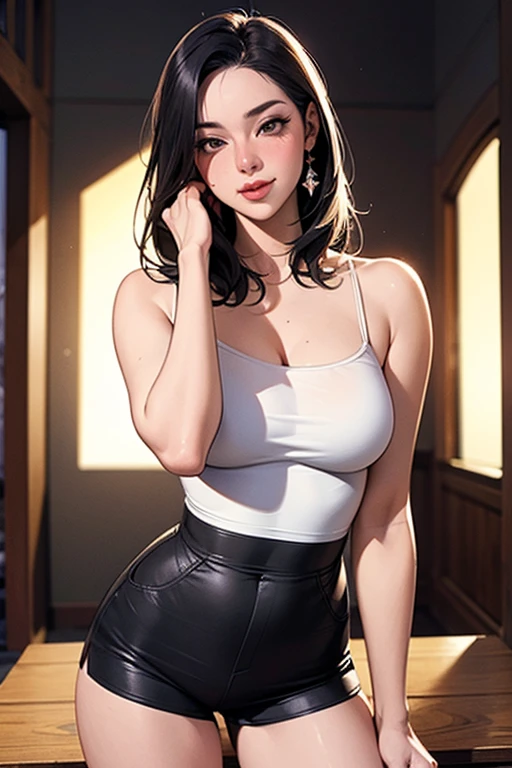 (masterpiece, best quality), 1girl, Oatmeal Voluminous Blowout, Size DD breasts, Antique brass Halter neck tank top with a tie-back detail. and Cropped leggings with a mesh panel, kneesocks, Posing with hands in front of the body, fingers intertwined.