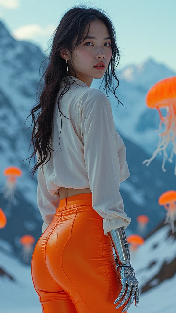 (masterpiece, best quality:1.2), 1girl, ass,Sitting astride,pearl thong,shiny legging,Axisymmetric composition,stripe,spiral,Anatomically correct,future science fiction,Garden Background,Looking back and smiling,beautiful,(Best quality,4K,8K,A high resolution,Masterpiece:1.2), (Realistic,Photorealistic,photo-realistic:1.37).