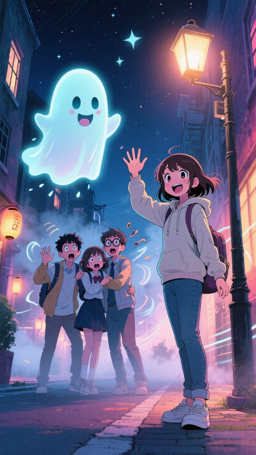 (masterpiece:1.4), (best quality:1.4), comedic anime style, colorful night scene, dynamic composition, cinematic comic energy

Scene on a quiet nighttime street in an anime-style university town. A cheerful female student with a friendly face stands confidently and joyfully waves at her group of friends. She wears casual student clothes — a light hoodie and jeans — and is standing under a softly glowing streetlamp.

Directly behind her back, very close and floating in the air, is a cute glowing ghost, round and friendly, with big anime-style eyes, a wide smile, and waving exactly like the girl, mimicking her gesture. The ghost is clearly floating **right behind the girl**, almost shoulder to shoulder.

In the foreground, three fellow university students — one girl and two boys — are standing together in ridiculous, exaggerated poses of shock and fear. They're hugging each other, trembling, eyes wide, sweat drops flying, mouths open in comedic horror. One of them is hiding behind the other, while another's glasses fly off from surprise. Their casual school outfits identify them clearly as students.

The background features a cozy night city street, soft lighting from windows, subtle fog, glowing lanterns, and stars above. Comic motion lines surround the waving hands. Manga-style tone shading and rich vibrant colors enhance the humorous and magical mood.

high detail, cinematic comic panel composition, anime manga comedy, charming and hilarious, expressive faces, glowing ghost effect, magical realism

