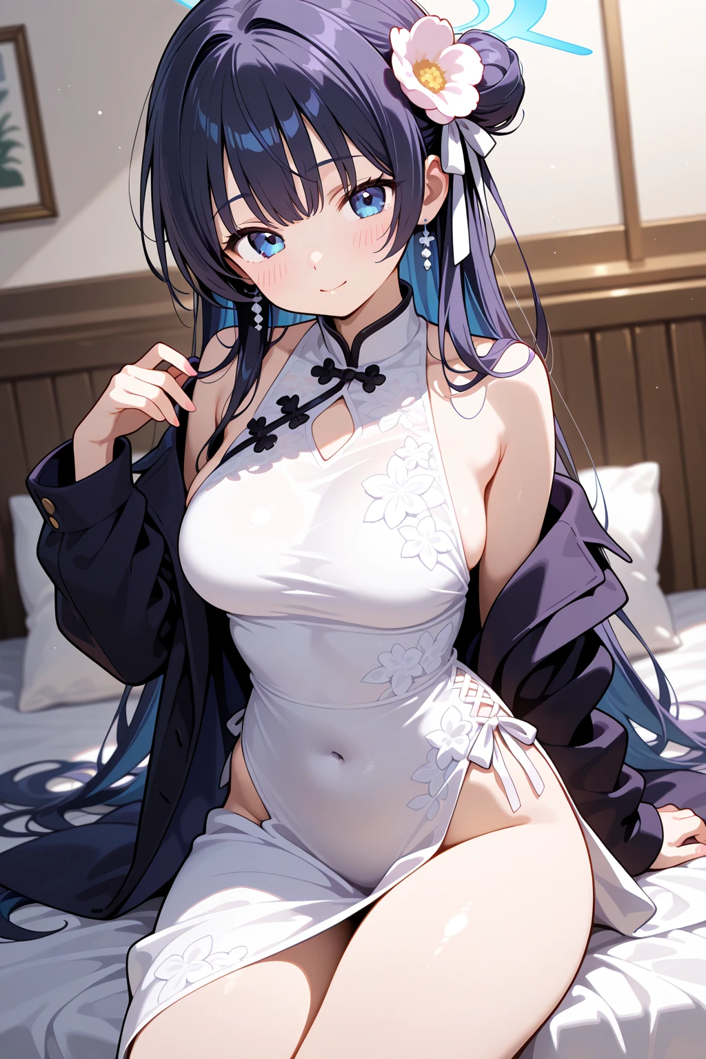 ((show off nipples under shirt))(((dress lift Transparent see-through yukata))) (a girl sitting on futon :1.5),,((NSFW)) ((hentai))Long black hair ((Toddler girl)) ((5 years old)) cleavage,((cleavage cutout)),((between legs cutout))((Small breasts))