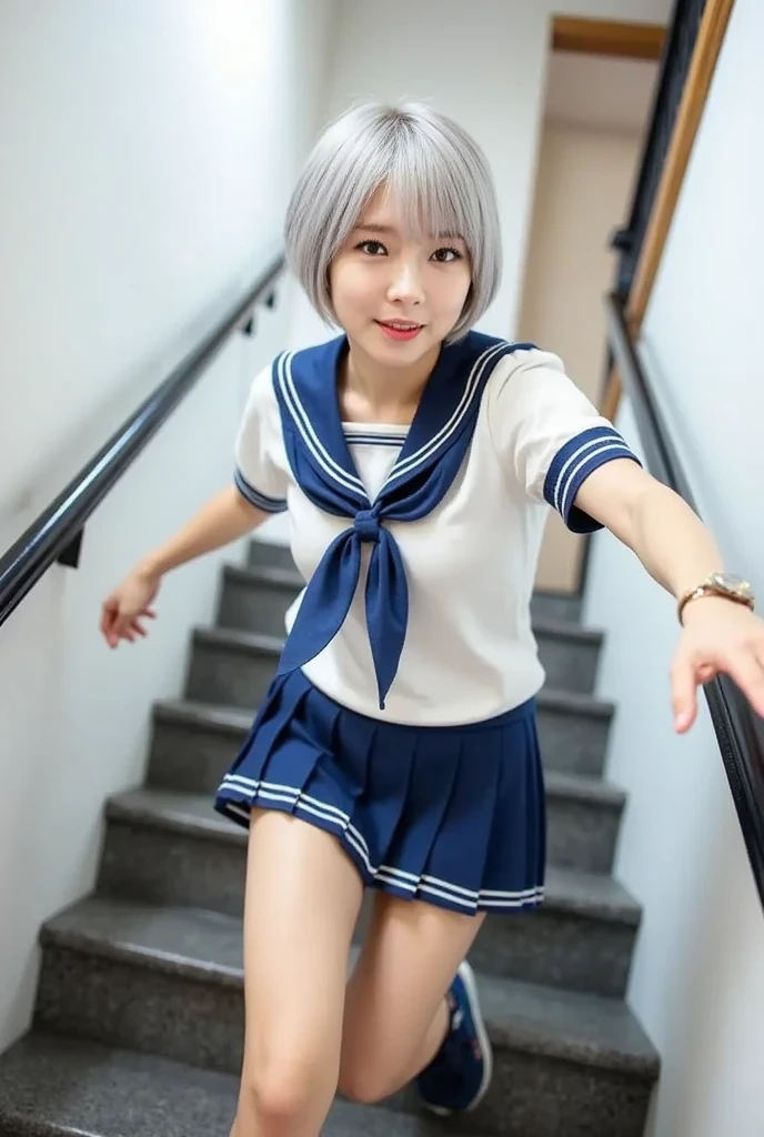 (high-level image quality、realisitic)、(me wearing a sailor suit))、Light from behind、Strong light from the front、face shines、Charm points are dimples and double teeth、Smile、placket、Room in total darkness、Black Room、There is nothing in the room、、Intense light illumination of the face and chest、25-years old、white  hair、Looking at the camera、(Pretty eyes)、(Light reflected in the eyes)、Left hand on chest、Stretch your right hand along your body、Delicate skin、.