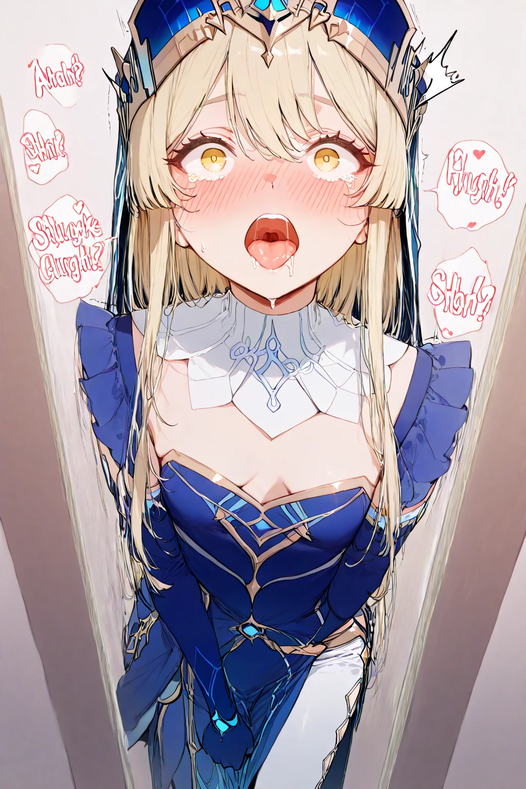 Heat After rape, eqlc, 1girl, long hair, solo, naked body, strapless dress(torn ), nipples, navel, white panties(torn),pussy, blonde hair, blue eyes, half-closed eyes, tears, hairband, , white gloves, small breasts, flat chest, bow, black hairband, detached sleeves, bangs, mini crown, detached collar, blank face, , parted lips, Saliva, nose blush, blush, , in the bedroom, weakly, standing, hugging, hands covered breasts, wet body(sweat, cum), cumdrip from her pussy, Full-body