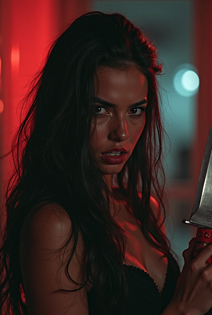Tanned skinned Latina girl with a serious face and a white strappy top with loose hair and features identical to Maddy from Euphoria half hidden in the dark with a knife in front of her face with the shadow of Ghostface