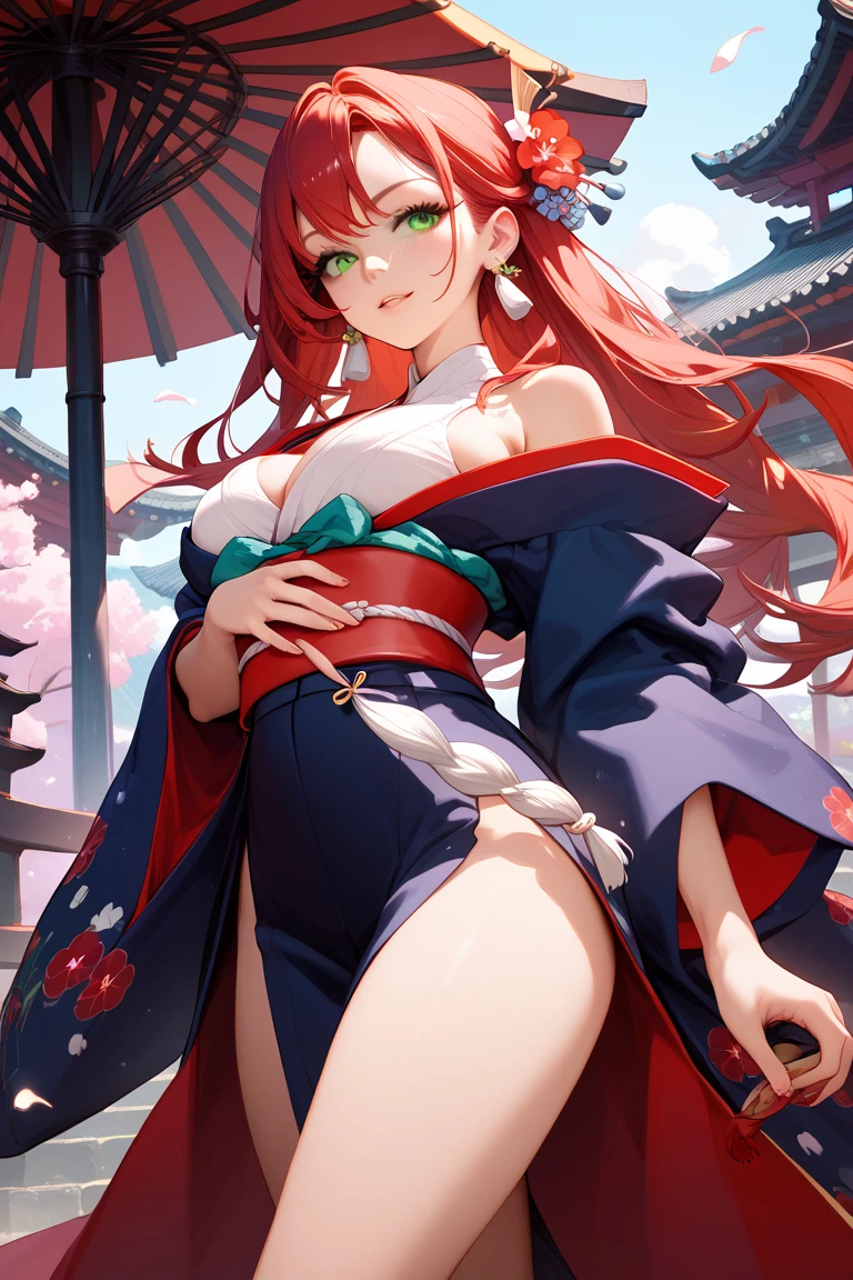 score_9, score_8_up, score_7_up, source_anime, 1girl, solo, (teen:1.5), teenager, teenager aspect, BaikenGGXL, scar on eye, scar across eye, eyepatch, red eye, pink hair, long ponytail, medium breasts, (right arm amputee), cleavage, kimono, multicolored kimono, brown sash, red rope, rope belt, bandages, standing, shocked face,screaming, shaking, looking down, japanese garden, cherry blossom,