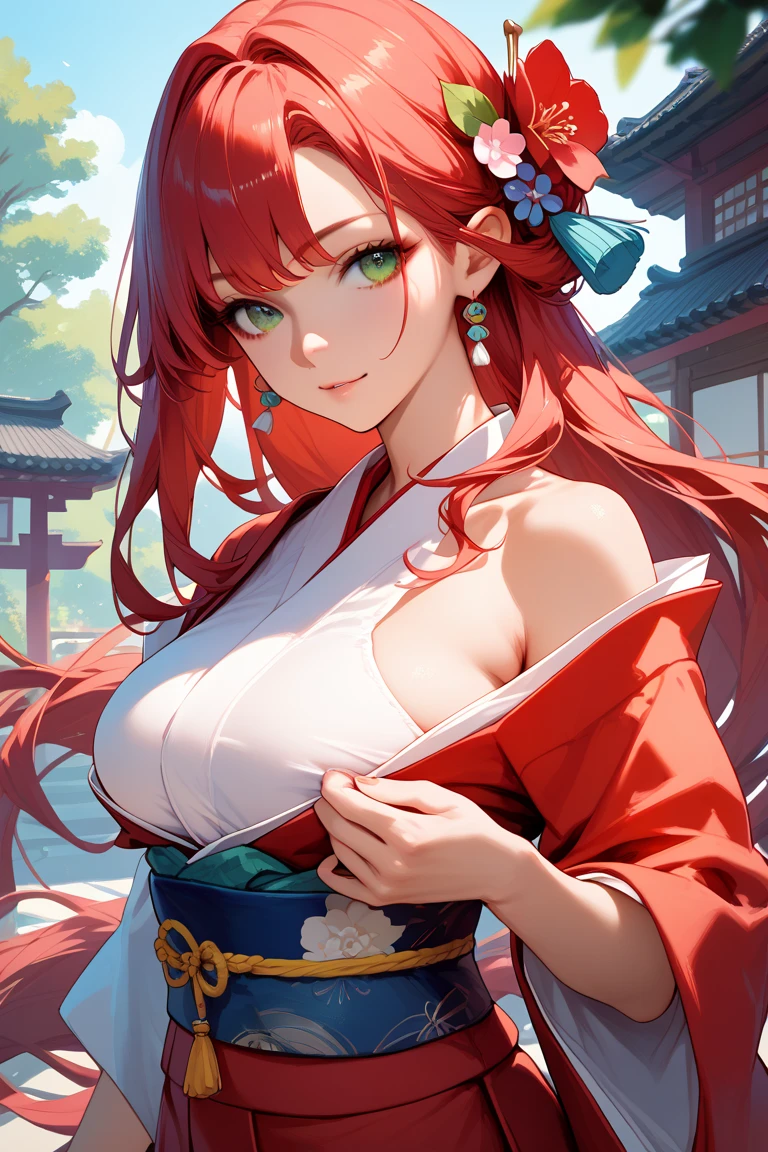score_9, score_8_up, score_7_up, score_6_up, uncensored, Iris Midgar, red hair, long hair, braid, red eyes, BREAK (masterpiece:1.2), best quality, high resolution, (detailed eyes:1.3), perfect lighting, (perfect hands, perfect anatomy), large breast, 1girl, japanese_clothes, kimono, rating:safe, cleavage, solo, bare_shoulders, looking_at_viewer, floral_print, off_shoulder, sash, obi, wide_sleeves, choker, sitting, adjusting_hair, blush, earrings, outdoors, blue_kimono, sandals, hand_in_hair, nervous, 