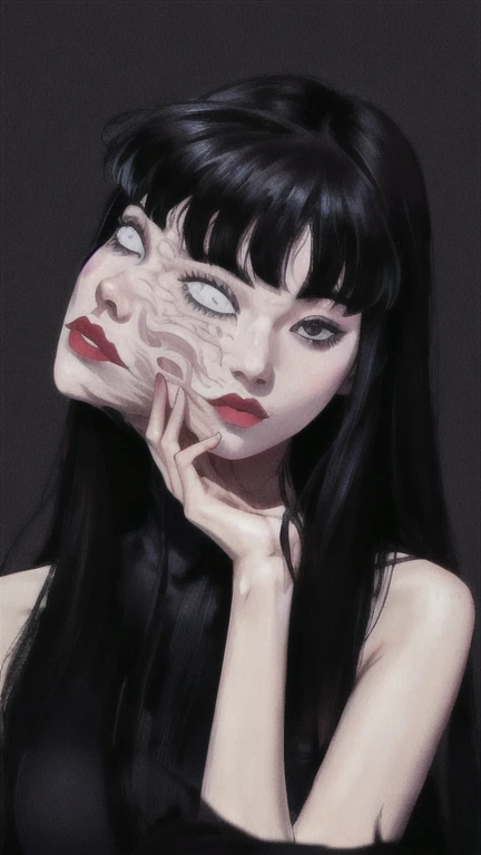 drawing of a girl with a black and white face and a choke, goth girl aesthetic, goth girl, ito junji art, drawn with 5 eyes, gothic face, girl with white eyes, e-girl, e - girl, glitchpunk girl, vaporwave. black and white, goth aesthetic, gothic girl face, scribbled, detailed woman