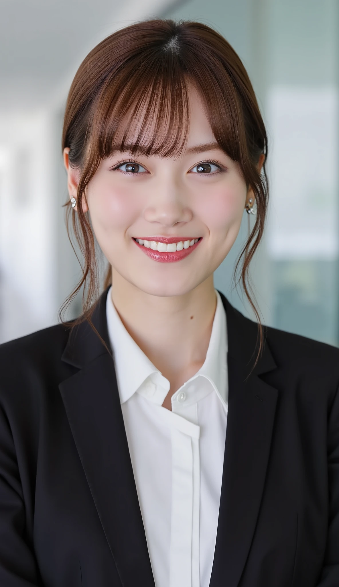 Neat Young Woman、and look at the camera、office lady suit、jacket、shirt、necklace、ear piercing、 pale brown hair、、smile showing teeth、、background is office