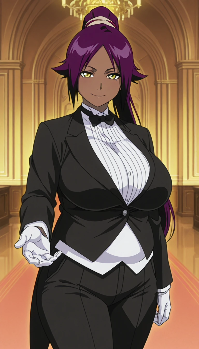 Robot Housewife, saturated colors, milf, purple hair, ahoge, dark skin, blue eyes, purple dress, lipstick, mechanical hands, doll case