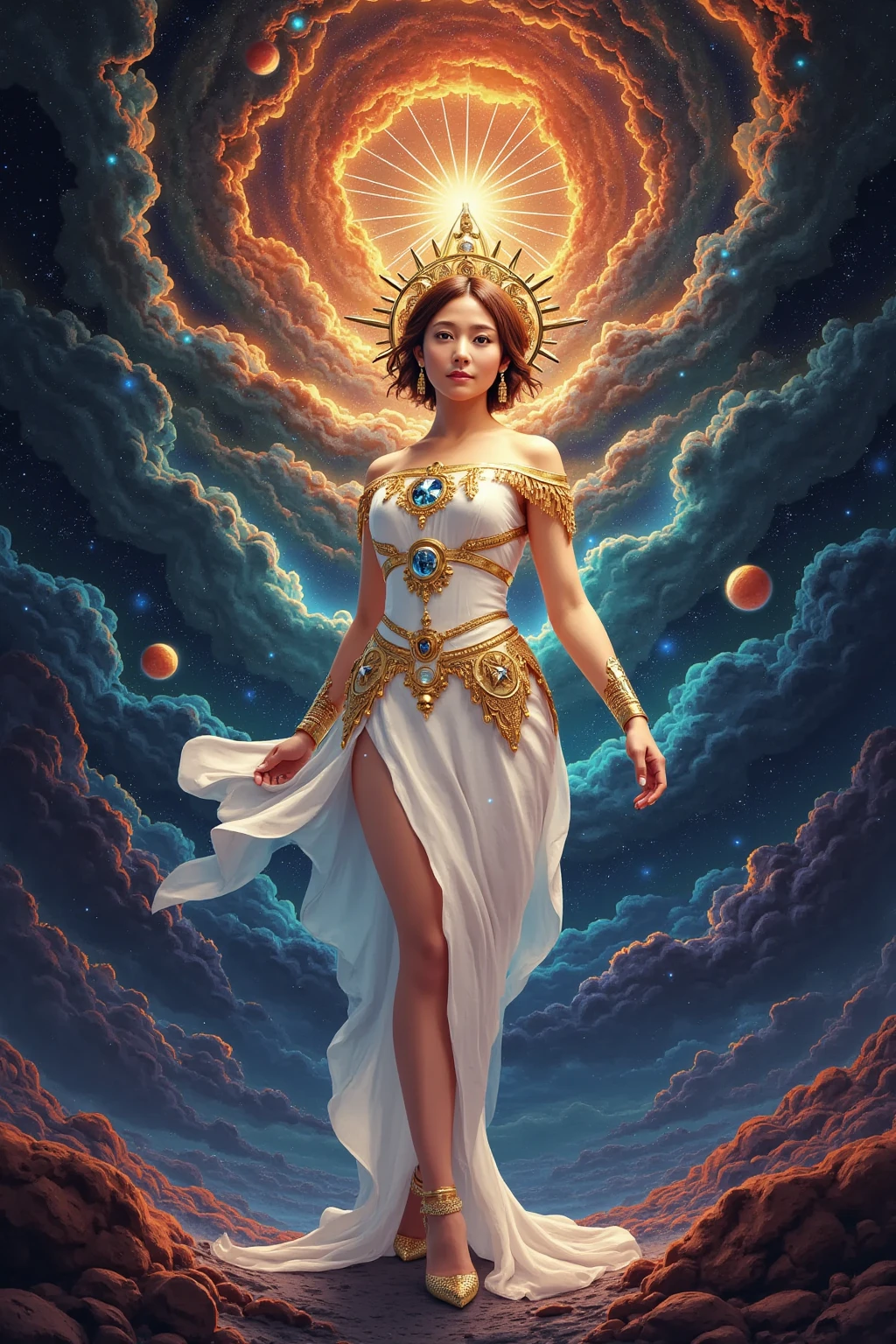 (masterpiece、Highest quality、High resolution、8k)、Alone in space、goddess、Standing posture、whole body、so beautiful、(floating in the sky like a star、floating、floating)、金色の光がwhole bodyを包んでいる、whole bodyが光の中にある、