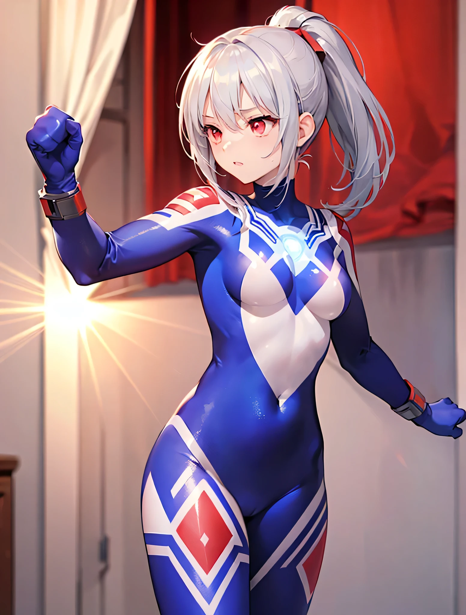 extremely detailed CG unreal engine 8k, best quality, (detailed fingers, detailed hands, detailed face), all intricate, 1girl, beautiful detailed girl, (ultragirl :1.0), ultraman bodysuit, leotard, bare legs, knee boots, upper body, smile, thumbs up, stylish posing, hand on hip, standing, detailed buildings behind, outside