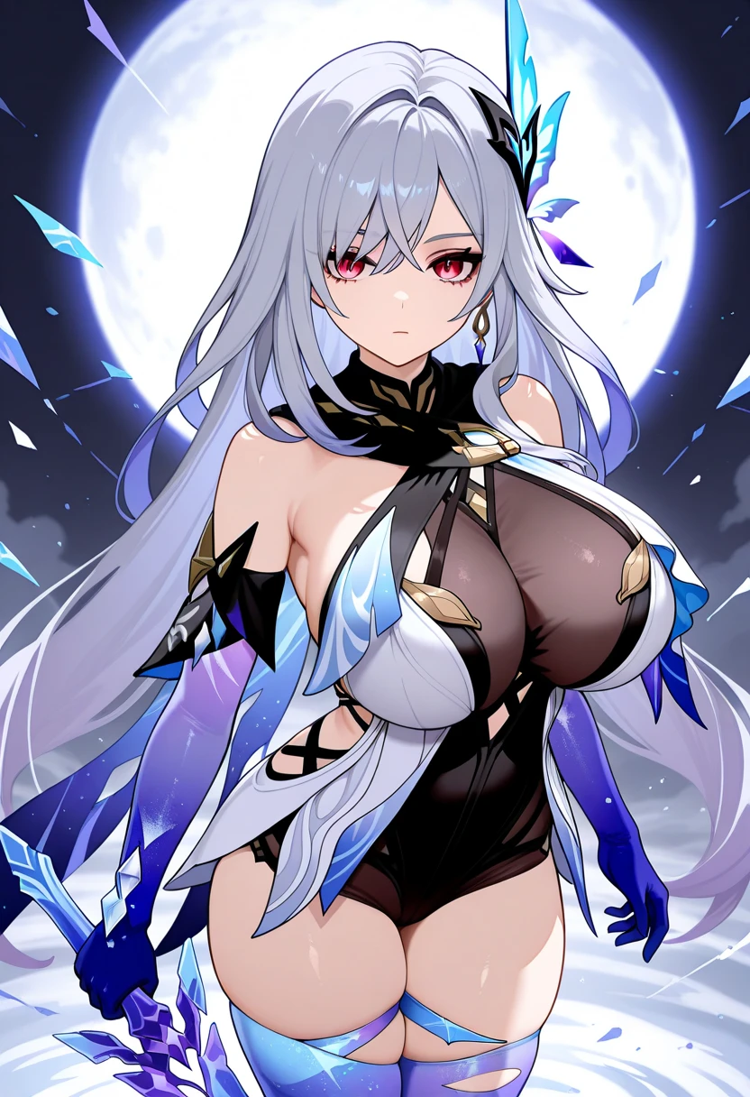 （（masterpiece：1.4，best quality）），（Super detailed），（Extremely detailed eyes），（black leggings，Shiny socks：1.5），Hello Darkness
（Cute girls），15 years old，（Blood-red pupils，Diamond-shaped pupil：1.15），Purple Eyeshadow，（elongated hair，Thick hair，Single ponytail，shiny hair：1.5）（Changes through：1.2），White skin，despair，sad，Empty eyes，tears streaming down my face，tilting its head to the side，kneel
（She wears blue armor，A blue dress，：1.5），（Black gloves：1.4）Very long plush sleeves，White，White Cloud，Dream bubbles ，Ice and glitter effects
（Black long skirt：1.1），
（dawn：1.2），
（Intense black and white：1.16），（Depth of Field：1.4），，Intricate details，(Castle in the Sky，Standing by the lake，Purple flowers by the lake)，(((Huge breasts，Bare breasts，Deep cleavage)))