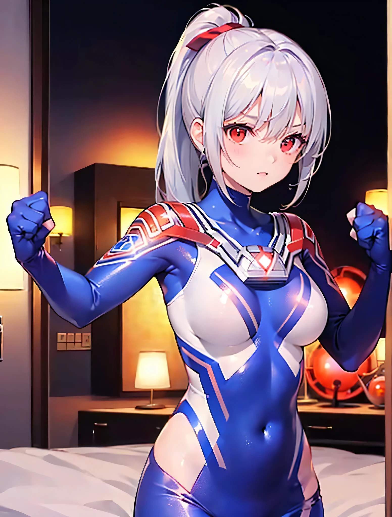 extremely detailed CG unreal engine 8k, best quality, (detailed fingers, detailed hands, detailed face), all intricate, 1girl, beautiful detailed girl, (ultragirl :1.0), ultraman bodysuit, (leotard, bare legs), upper body, smile, thumbs up, stylish posing, hand on hip, standing, detailed buildings behind, outside (power, aura, red aura) 