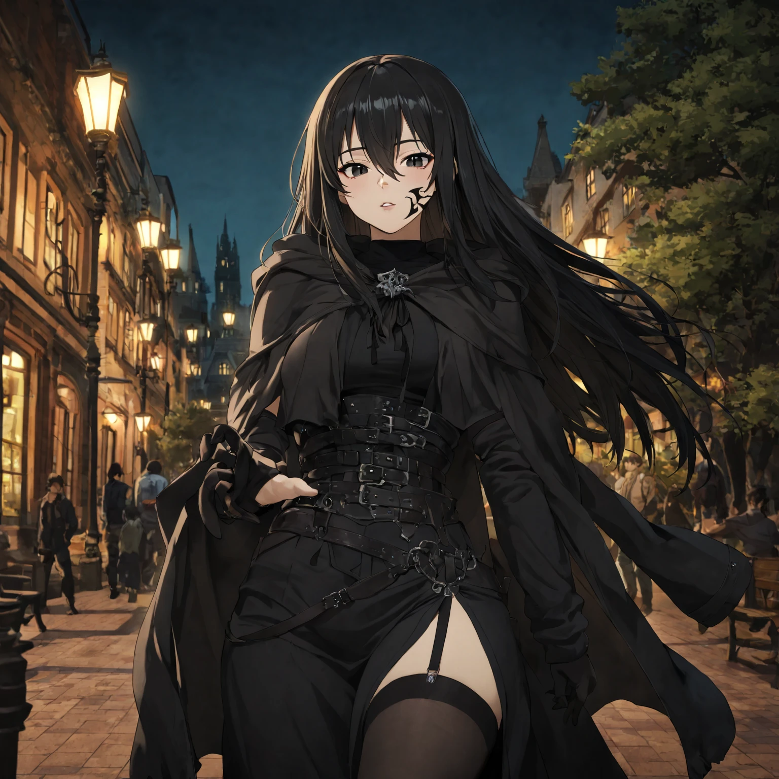 A female monster casting dark magic on a dark street at night