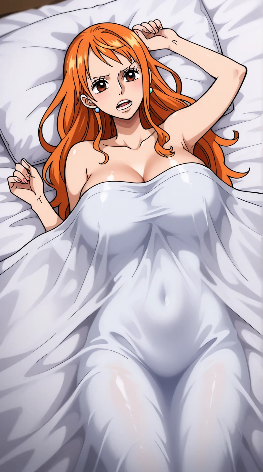 (POV Across Bed : 1.3), pov beside her, lying on bed, bare shoulder, white lace bra, white lace panties, white garter belt, luxury bedroom background, matsumoto rangiku, anime cels style, best quality, high resolution, (huge breasts:1.3), cowboy shot, (potrait body), blue eyes, Blonde hair, bangs, Long hair, 1 girl, looking at viewer, beautiful face, Beautiful Finger, Beautiful long legs, Beautiful body, Beautiful Nose,Beautiful character design, light smile