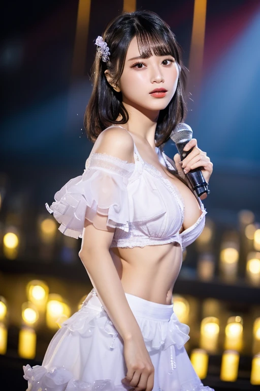 best quality, detailed, beautiful, insanely detailed, absurdres,perfect anatomy,
Japanese woman,black hair,27 years old,
(slender),
(small breasts),
(full body shot:1.0), arena, cheerful grin, standing, front view, blindfold, wave hair, (white fancy mini dress:1.0),(cleavage:1.2), (A scene where they sing passionately at a live performance:1.2), with a microphone, (View from below:1.3)