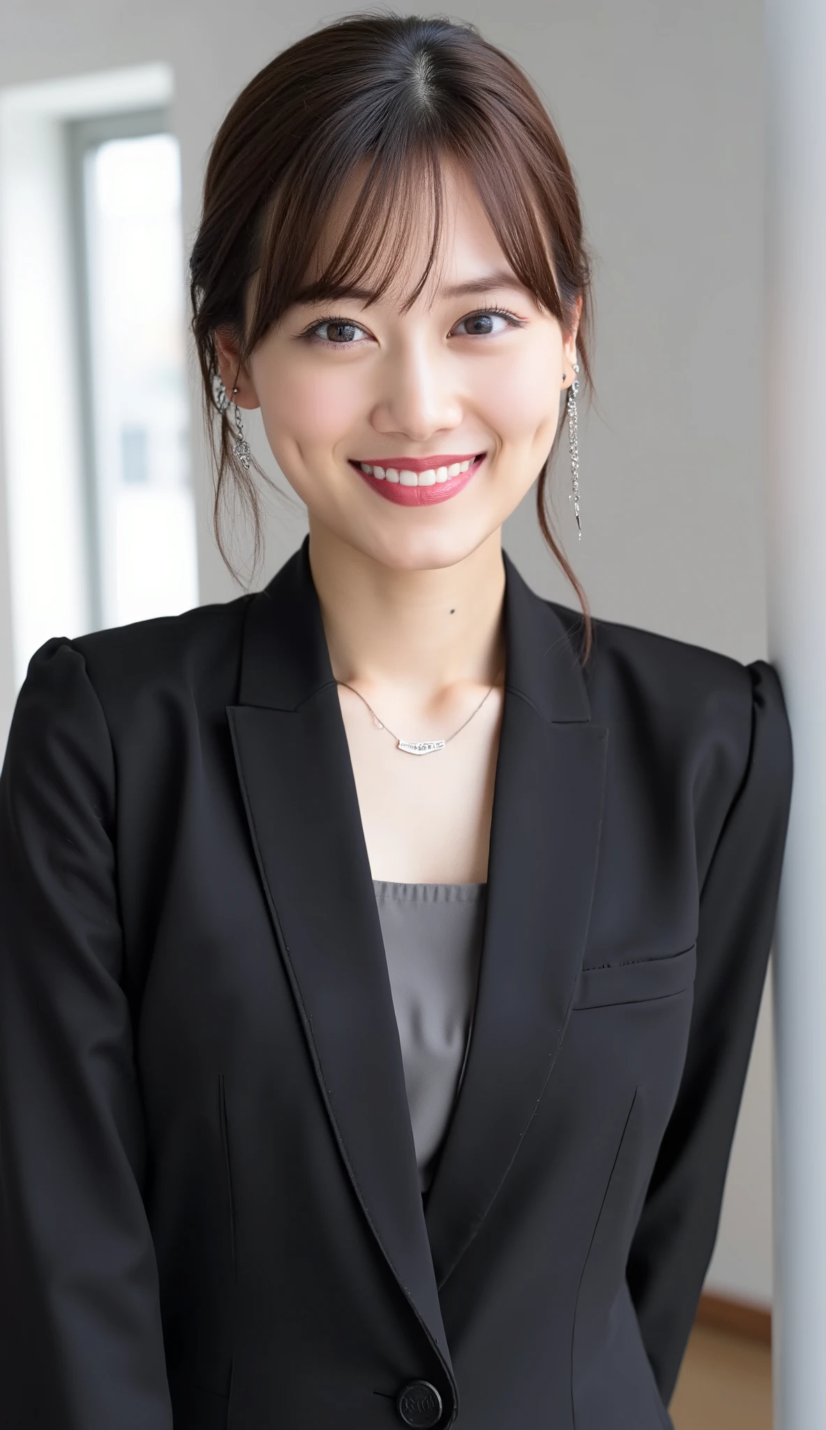 Neat Young Woman、and look at the camera、office lady suit、jacket、shirt、necklace、ear piercing、 pale brown hair、、smile showing teeth、、background is office