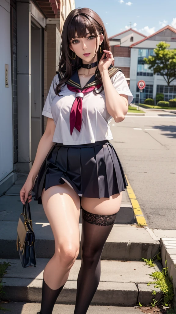 masterpiece, Highest quality, 8k, Young and beautiful girl with high ponytail, Baby Face、Clothed Big Tits、((((((10 years old)))))),((Large Breasts:1.3)), photo shoot, Cute Face, Thighs, city, Embarrassing、smile、 compensate, 10 generations, Detailed face, Background blur、Long Hair、Black Hair、Tight waist,((school uniform、White shirt、Checked mini skirt))、((Lift up your skirt、tight white panties:1.1)), Navy knee-high socks、walk,From behind