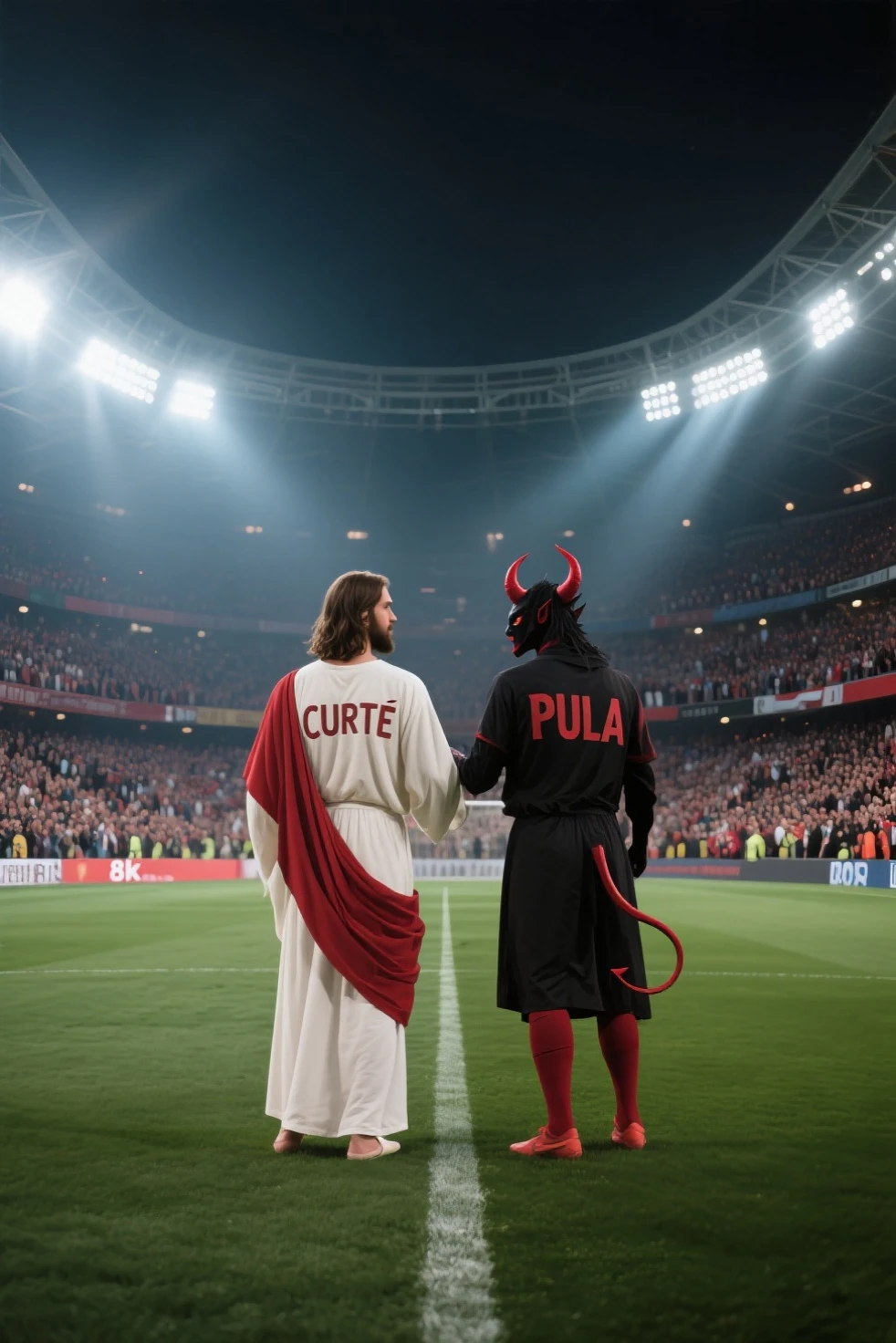 Make a devil wearing the America de Cali shirt, pulling the ears of a donkey wearing the Junior shirt