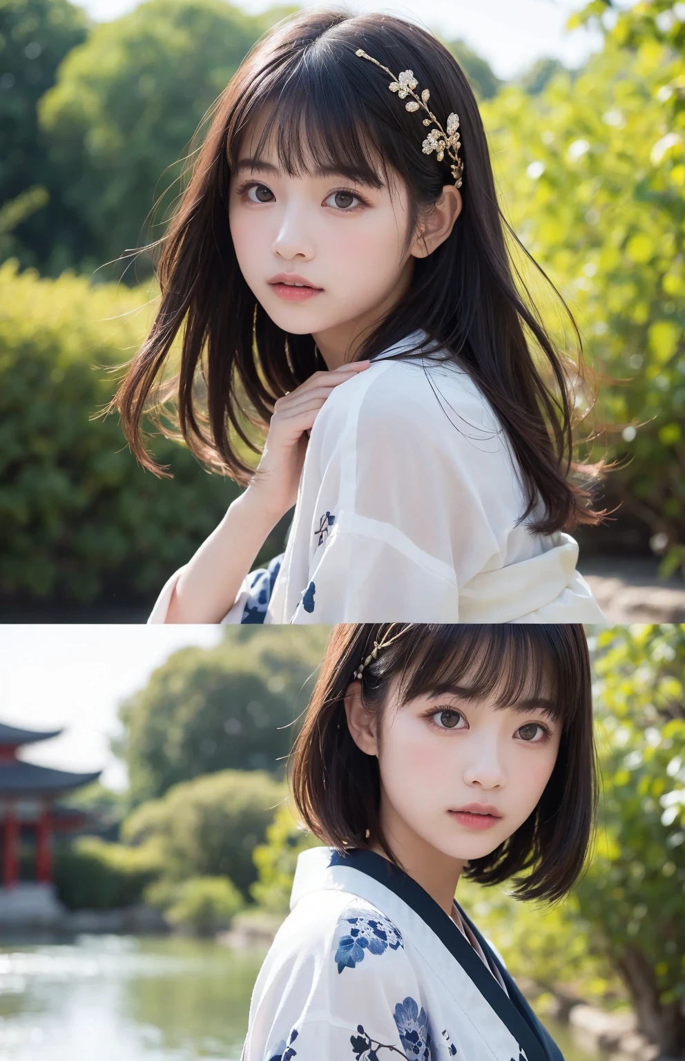 Playful, Busty, Japanese Woman, Long Wavy Hair, Big Round Eyes, High Nose, Small Cheekbones, Double Eyelids, Small Face, Green Eyes, Sexy, Summer Dress, Amusement Park Background, Early 20s