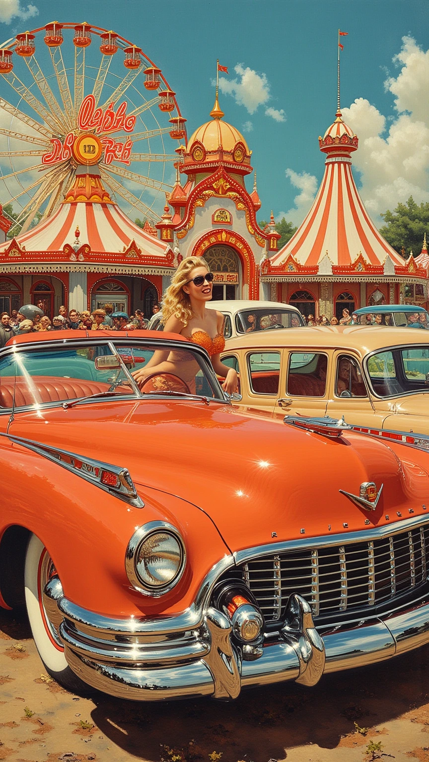 a converted car with a hover drive, wings, lots of lamps and decorations stands in front of a carousel at the burning man festival, without a roof, two levers are used for steering. two ladies in a sexy pose wash the mobile with a damp sponge.