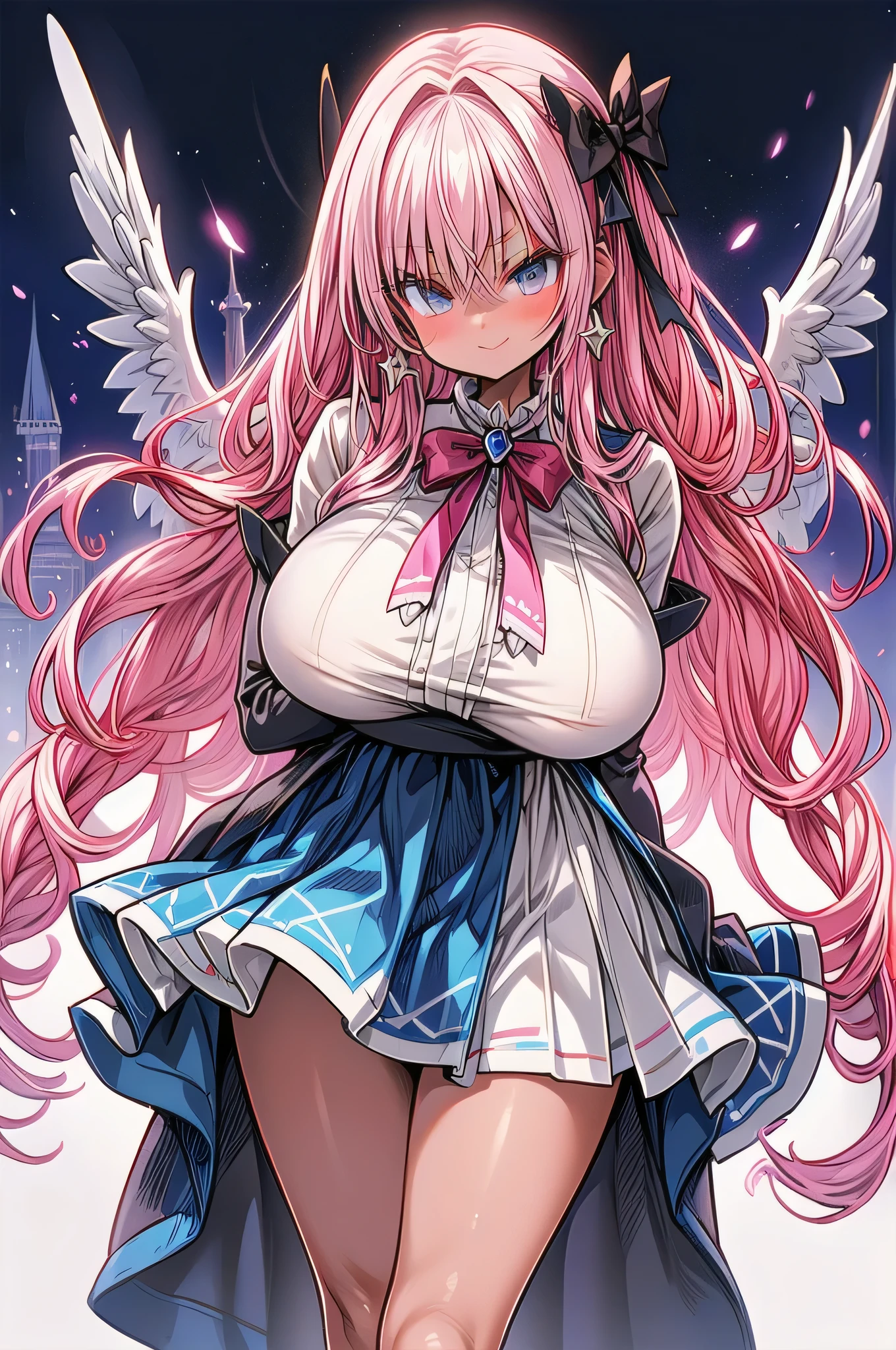 one huge breasted girl, alone, ahoge, woven, pink eyes, heart (symbol), pink nails, boots, full body lesbian, bow, animal cat ears, ruby, long pink hair, drilled tails, show viewer, manicure, fur trim, open mouth, colorful hair, pink headdress, skirt, fluffy sleeves, cape, goodbye to hair accessories , hairstyle, cleavage, bangs, long sleeves, pink ribbon, hair ornament, pink hair, beautiful print, Japanese style dress, blonde hair, pink capelets,  chains, very long hair, skirt, x hair ornament, wings, some striped, blush, ears  Ring, blue footwear, Head wings, :this, constellation print, fluffy long sleeves, blue skirt, striped ribbon , socks, constellations,
