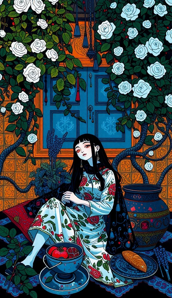 a traditional Persian-Turkish girl sitting in a vibrant courtyard, wearing a floral headscarf and colorful traditional dress, large rose prints, soft flowing fabric, surrounded by vibrant green ivy with white flowers on a rustic lemon-yellow wall, lavender and lemon-yellow tiled floor instead of black and white, large clay pot beside her, metal plate with pomegranate and traditional bread in front, woven red cushions, soft golden sunlight, peaceful and mysterious expression, cinematic lighting, mystical aura, folkloric urban legend style --v 6 --style raw