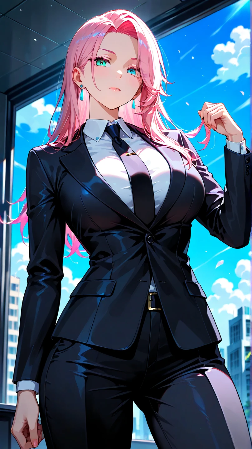 Best Quality,Detailed and cute eyes,Very cute face,(Solo Girl),(gigantic breasts:1.3),(Pink hair),(low twintails:1.4),Scrunchie,Big light blue eyes,Very happy smile,Open your mouth wide,View Viewer,BREAK,(Black suit jacket,button down,White collared shirt,Black Pants:1.5),(Climbing the stairs),Cowboy Shot,(back,Angle from below,Dynamic Angle:1.2),