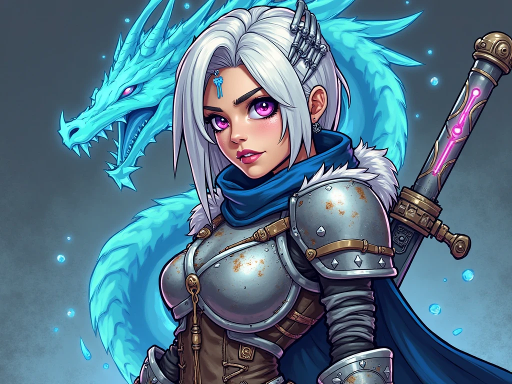 Guild logo with the name SHARP GIRLS large in black and white gradient,  and a cartoon drawing of a warrior woman in purple clothes and long white hair with swords in her hands surrounded by a white dragon, one of the black image