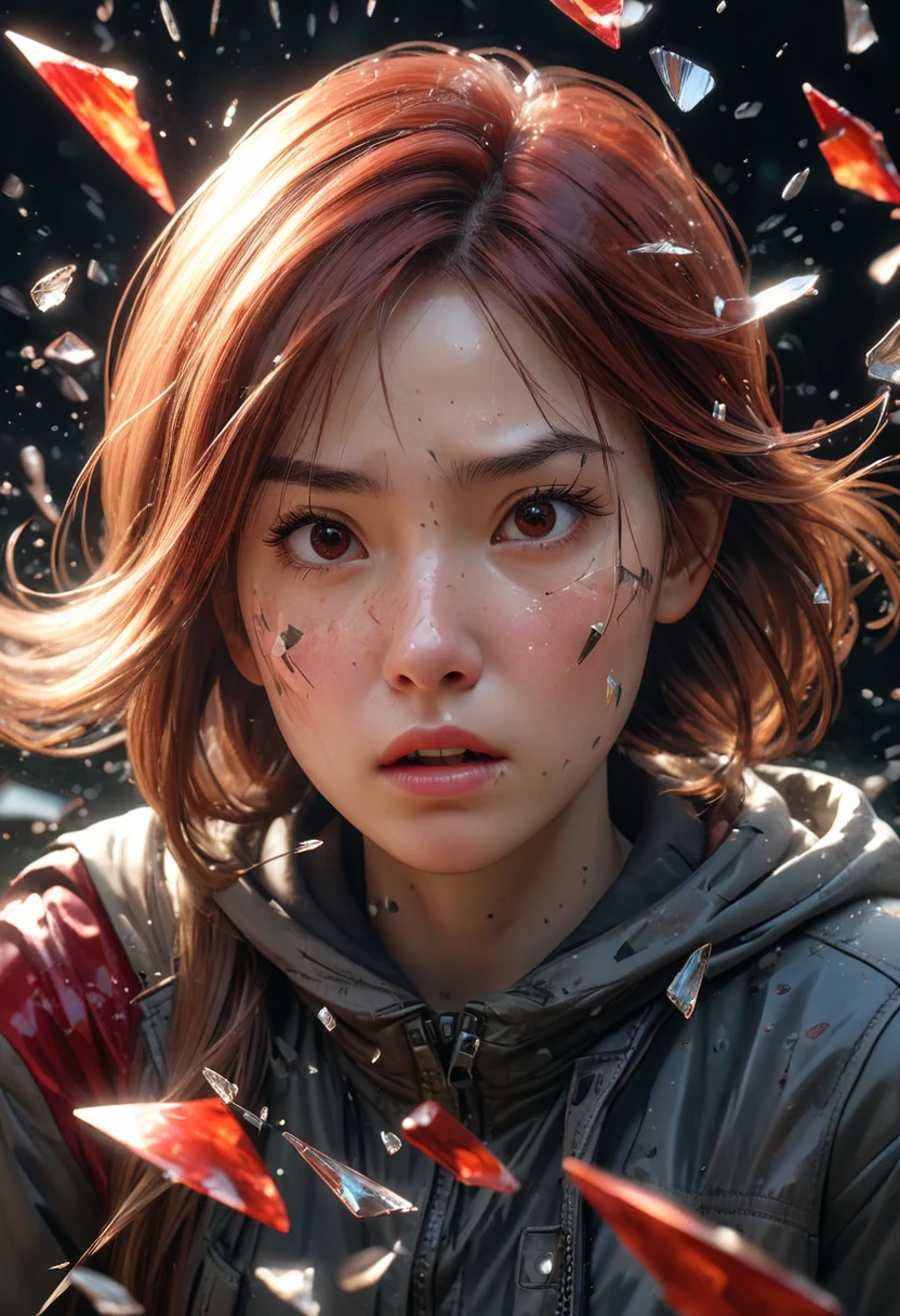 （best quality，Ultra-fine，Fidelity：1.37），beautiful girl，（intense gaze），（smile），Red viscous liquid oozes from scratches on face，close up。Bullets flew through the air，broke the glass。Instant capture，penetrating glass shards，Detailed bullet trajectories，slam，Shards of glass were scattered all over the place，There are debris in the air，slow motion freeze，high speed capture，dynamic chaos，Precise timing，flying debris，suspended in the air，dance clip，stained glass shards，refracted light，moving rapidly，translucent fragments，windows in fragments，