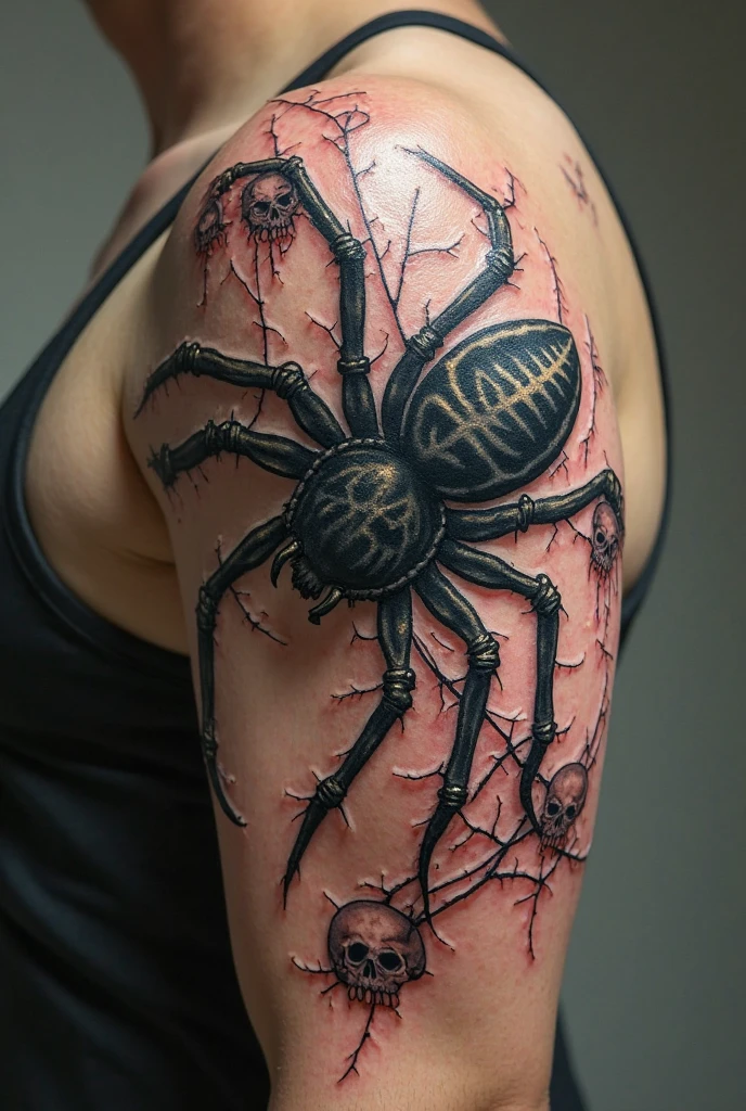 Tattoo of a spider climbing on the right side of the back in a realistic style of medium size