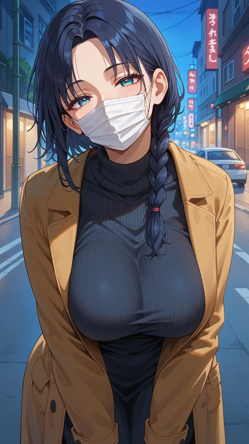(be familiar with, masterpiece, highest quality, Complex),
cowboy shot, Kyoka Tachibana,
Bend forward to accentuate your breasts、
(((big breasts,))),
1 girl, alone,
cute eyes, beautiful face, perfect round butt,
fit and body, female pervert,
((Brush your hair back、Bending forward alone to emphasize her breasts)), , pale skin,
blue eyes, ((beautiful mature woman)),
(/black mask:1.5/, /Grey tight long dress with a large open neckline:1.2/ & thin cardigan), clavicle、Lazy face、/Black hair/, enchanting smile, naughty face, Sweat, vapor, embarrassed, blush, Excited, ((spoken heart, Lines、gasp, Sound effect))
Snapshots in the city、Fashion magazine style、Street fashion magazine、Full body diagram、accessorieodel standing)、Stylish、REAL、