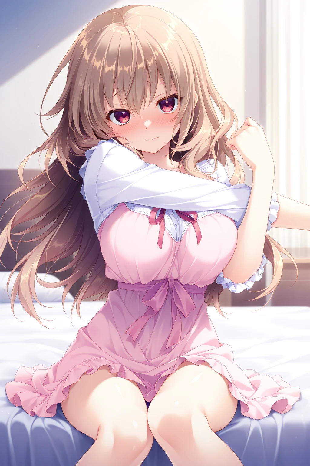 Himari Meimei, masterpiece, Voluptuous thighs, 8-year-old, gigantic breasts, {1 Girl}, Cute shy smile, Highly detailed glowing purple eyes, {{{Completely naked}}}, Browsing Caution, nsfw, Spread your legs wide, Showing off pussy, Cum in pussy, Pussy juice, Detailed childish pink vagina, No clothes, Fine pink nipples, In a luxury resort hotel bed, no panties, 困り眉, open legs, focusing