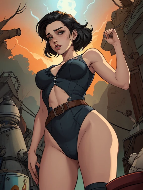 (high quality, best rendering), (beautiful girl), Blue Eyes,black hair, (bombshell, pin-up style), psychopath, crazy face, sexy pose, 2 piece outfit, pastel, centered, scale to fit dimensions, micro thong, micro bikini, camel toe
