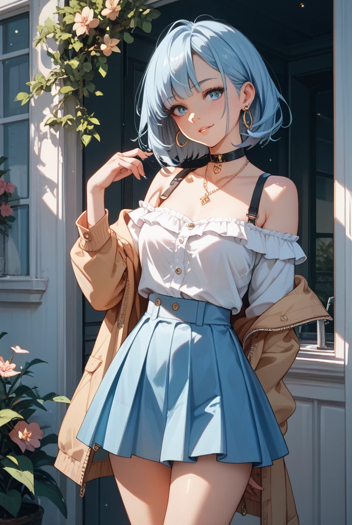 Stand up straight、(Best Quality, hight resolution, masutepiece:1.2), Ultra-detailed, Realistic:1.37, sky blue hair, Bob Hair, Sleepy eyes, Beautiful detailed eyes, Beautiful detailed lips, Smile, Choker, Woman、She has a very large and beautiful bust、facing back、show your face between your legs、big green hoodie、a miniskirt、knee high socks、Show me your ass！、Backward！、Lower your panties halfway、Get the juice out！