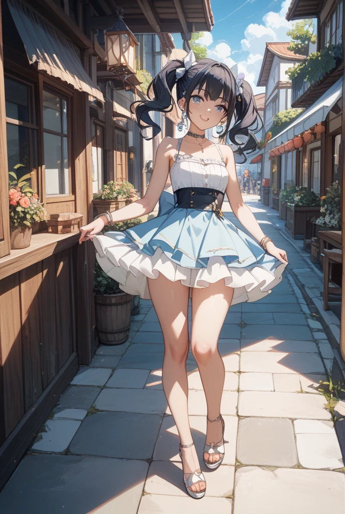 (masutepiece, Best Quality, ultra-detailliert), (high detailing, Hyper Detailed), Beautiful 25 year old girl at the amusement park, Happy, Adult female body, Small breasts, Provocative body, Black hair, Long straight hair、tome'The edges are a little dirty, Dress up like a Disney princess, black dress with blue details,(Neat long skirt)、 Silver crown, Detailed face, Clear focus, Help the villagers in town (mess - house: 0.8), (masutepiece: 1.2) ( Realistic: 1.2) (Bokeh) (Best Quality) (Detailed appearance: 1.3) (Intricate details) (8K) (Eye Detail) (Sharp Focus), (Happy)、((Strong wind from below))、((up skirt))、(big upskirt)、((Lace pantie))、(((very erotic panties)))