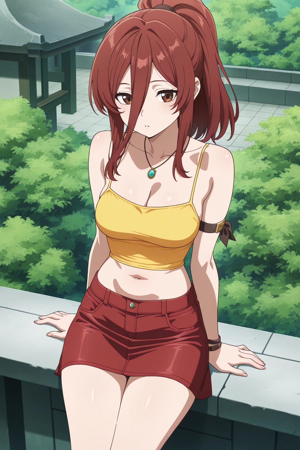 8k, best quality, masterpiece, ultra-detailed, garota linda de anime, sozinha, alone, only a girl, somente uma garota, she is alone, she's alone, olhos vermelhos, olhos de cor vermelha, red eyes, cabelos curtos, short hair, solo, red hair, cabelos vermelhos, fit, muscular, ripped, green gym top, jeans short, sexy