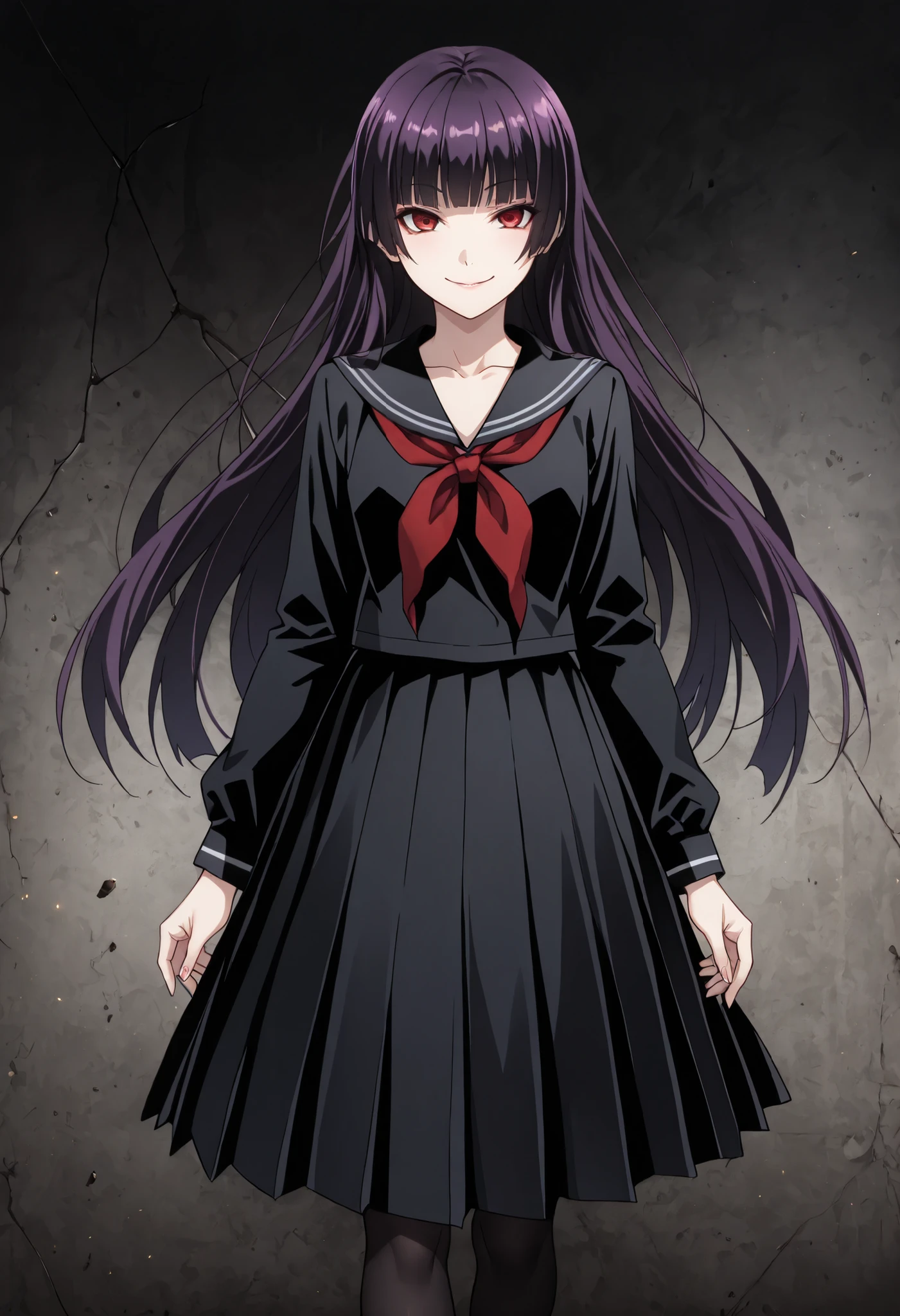 (masterpiece, best quality, perfect face:1.4), (((close up face))),head shot, kanoe yuuko\(dusk maiden of amnesia\), long hair, purple hair, hime cut, blunt bangs, red eyes, proportional body, proportional,1 girl, beautiful hair, beautiful face, beautiful detailed eyes, beautiful clavicle, beautiful body, beautiful chest, beautiful thigh, beautiful legs, beautiful fingers, looking at viewer, BREAK, black serafuku, long sleeves, black sailor collar, red neckerchief, black skirt, pleated skirt, black pantyhose, loafers, yandere, crazy, morbid love, An innocent smile, possessiveness, desire for control, textured skin, realistic skin, HDR, BREAK, good hands