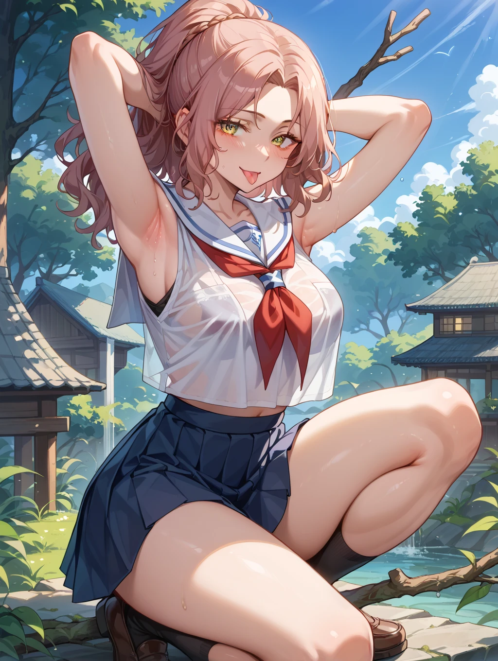 (highest quality:1.4)、(High resolution)、(detailed background)、(detailed beautiful face:1.4)、(anatomically correct)、(detailed facial expressions)、beautiful and smooth skin、beautiful teenage girl、two beautiful girls、(huge breasts:1.3)、cute hair color、braided bob、braided ponytail、realistic、perfect body line、Attractive big buttocks、thick thighs、relaxed atmosphere、cowboy shot、Thin, sheer white panties、Thin, sheer white bra、(underboob:1.3)、(skirt lift:1.3)、cute pubic hair、playfully、

(Two beautiful girls lifting their skirts to show us their panties:1.5)、
Beautiful girl in the sunset reflected on the river while rowing a canoe、Canoeing with a beautiful sunset view as a backdrop、While paddling a canoe in the gentle current、They intentionally splash water on each other while paddling a canoe.、They are smiling, splashing with water, and having fun joking with each other.、With the sound of the river flowing and the wind in the background、My clothes are wet and transparent、
Wear a loose shirt dress made of sheer material with the buttons open、My clothes are wet and transparent、wet、
Sneakers or sandals on your feet、sexual expression、Playfully smiling、panty shot、(underboob:1.3)、cute、cameltoe