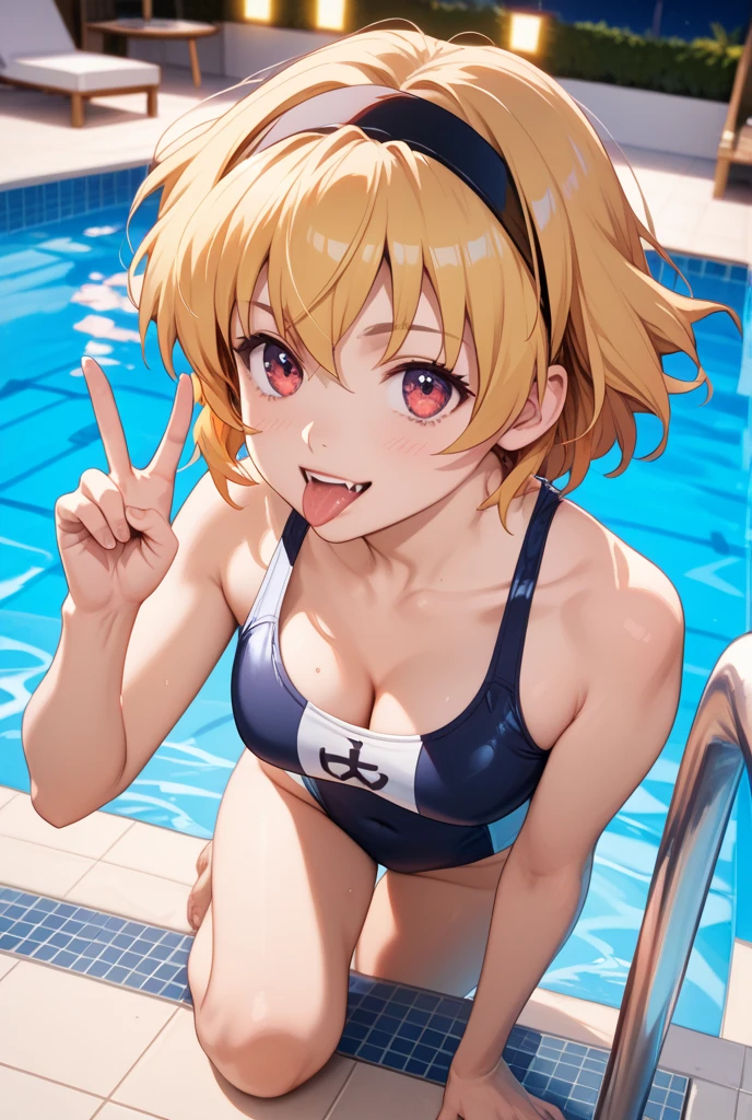 itsukisumeragi, itsuki sumeragi, short hair, blue eyes, solo, 1girl, swimsuit, red_one-piece_swimsuit, breasts, navel, blond_hair, outdoors, tongue, armpits, tongue_out, beach, medium breasts, red slingshot_swimsuit, short_hair, blush, areola_slip, day, sitting, wet, ocean, ahegao, sky, covered_nipples, thighs, water, blue_eyes, arms_up, open_mouth, spread_legs, blue_sky, bangs, red one-piece_swimsuit, cloud, arms_behind_head, collarbone